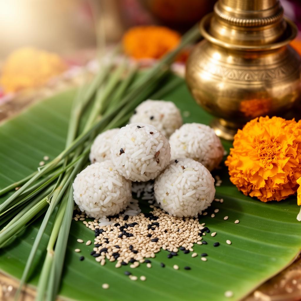 Pind offerings of rice, sesame and kusha grass on a banana leaf